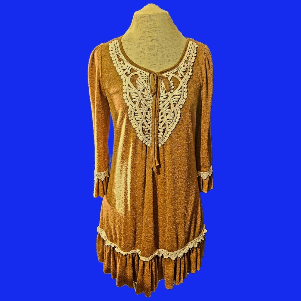 A'Reve Cream and Brown Babydoll Dress with Bishop Sleeves